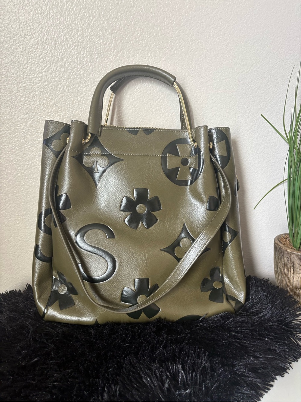 Olive Green and Black Patterned Leather Shoulder Bag - Premium Designer Style